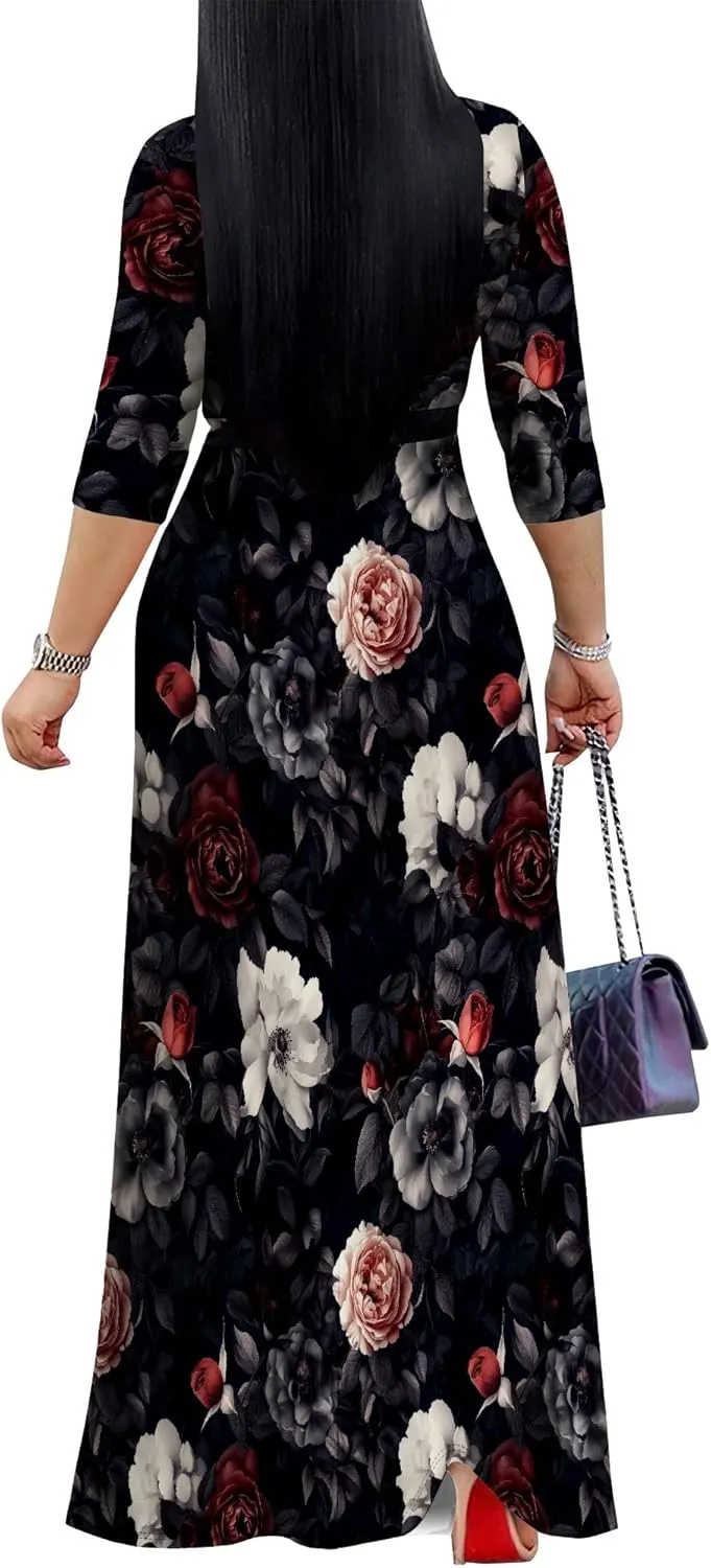 Casual V Neck Maxi Dresses for Women 2025 - Floral Print Summer 3/4 Sleeve Wrap Sundress with Belt