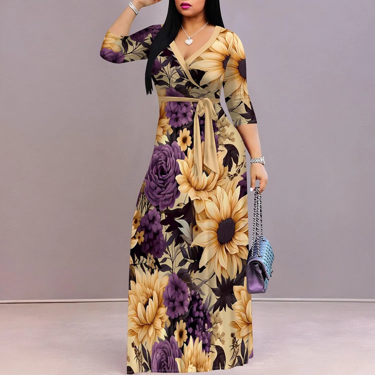 Casual V Neck Maxi Dresses for Women 2025 - Floral Print Summer 3/4 Sleeve Wrap Sundress with Belt