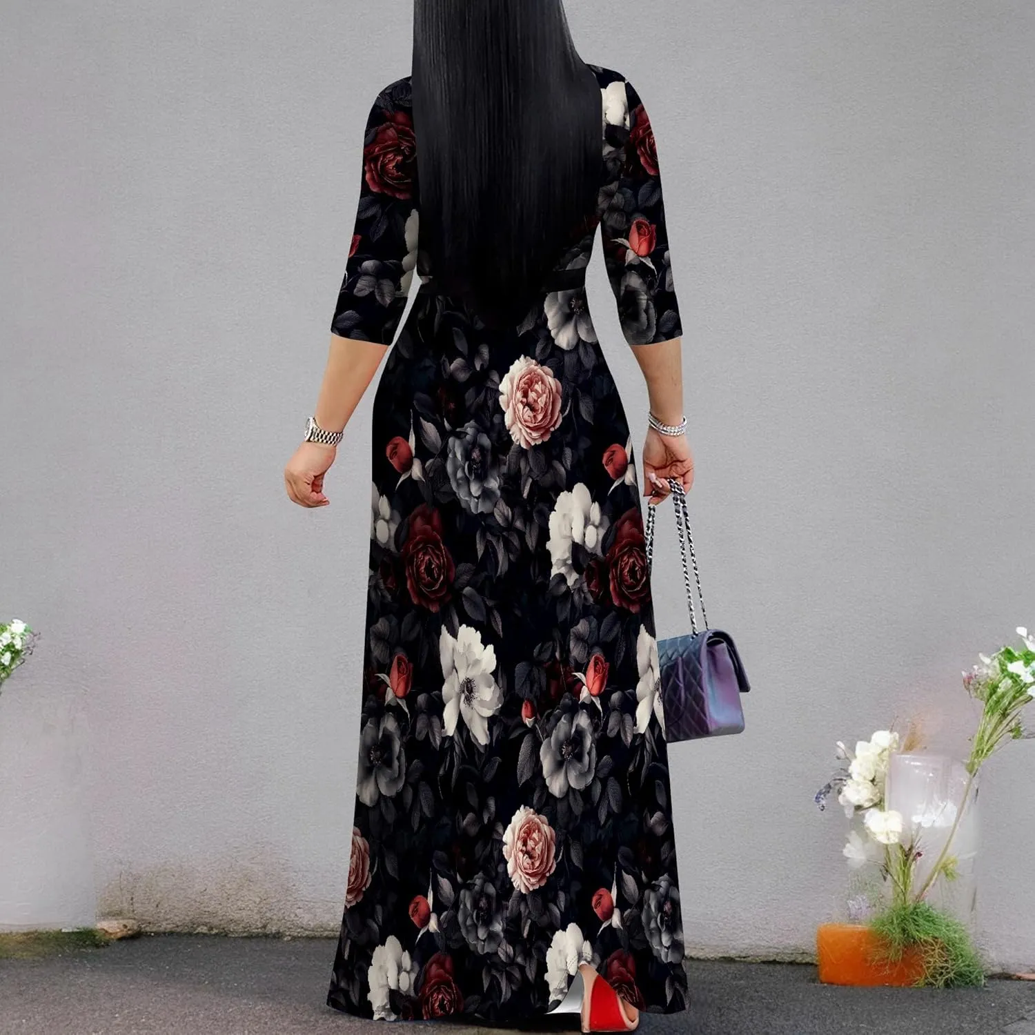 Casual V Neck Maxi Dresses for Women 2025 - Floral Print Summer 3/4 Sleeve Wrap Sundress with Belt