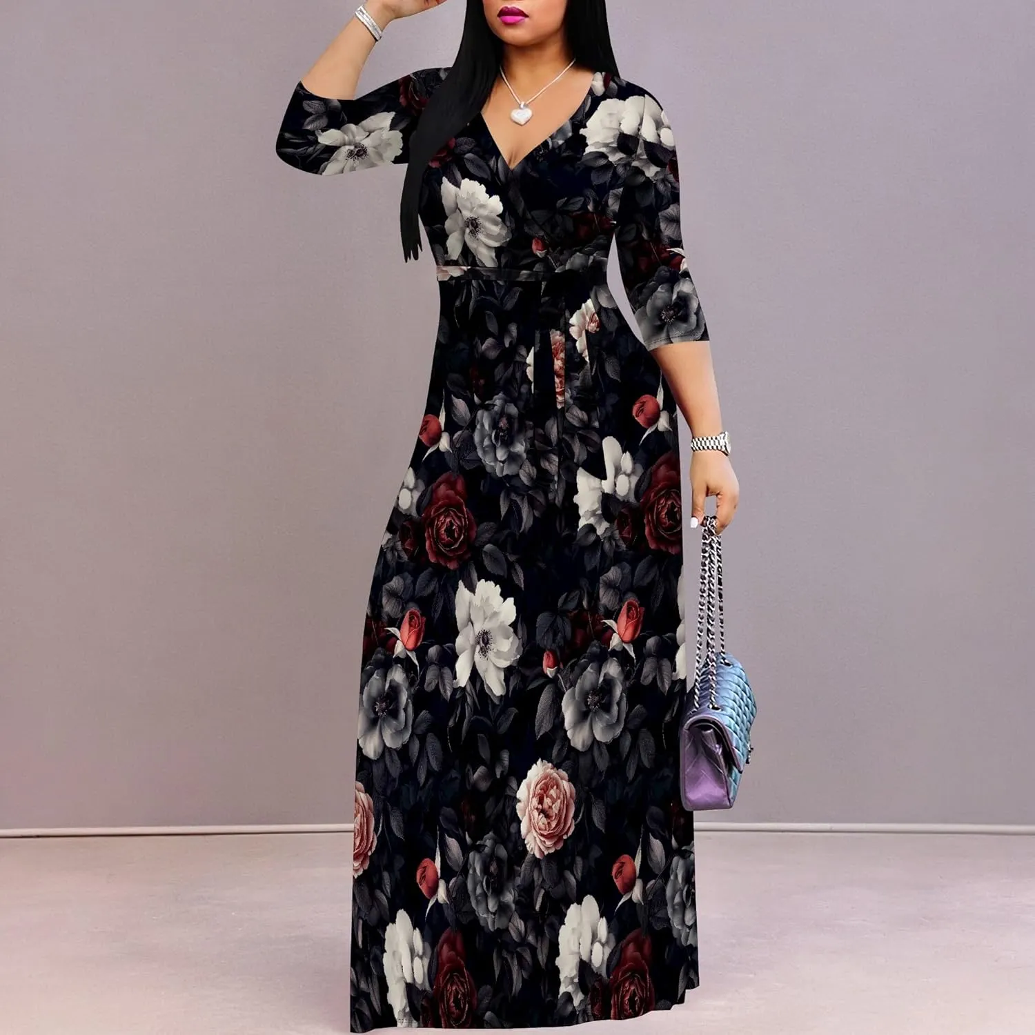 Casual V Neck Maxi Dresses for Women 2025 - Floral Print Summer 3/4 Sleeve Wrap Sundress with Belt