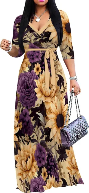 Casual V Neck Maxi Dresses for Women 2025 - Floral Print Summer 3/4 Sleeve Wrap Sundress with Belt