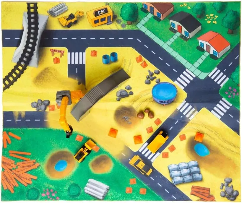 CAT Construction Toys, CAT Little Machines Vehicles Play Mat with Collectible Construction Vehicles, Sensory Toys for Kids Ages 3 and up