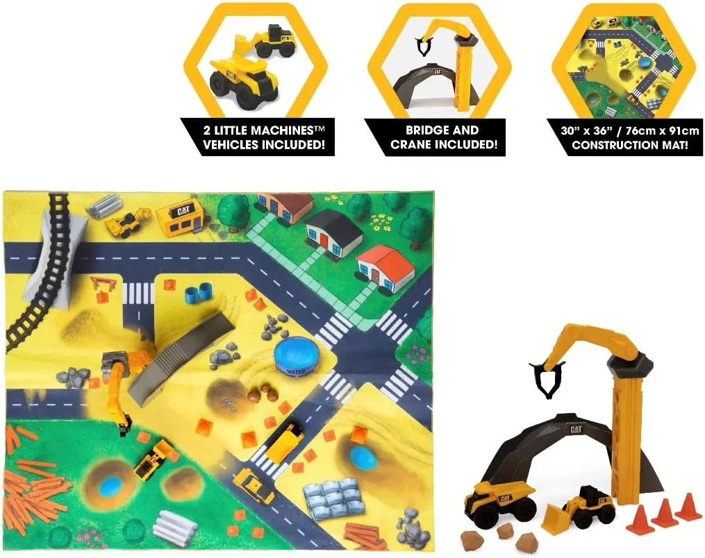 CAT Construction Toys, CAT Little Machines Vehicles Play Mat with Collectible Construction Vehicles, Sensory Toys for Kids Ages 3 and up