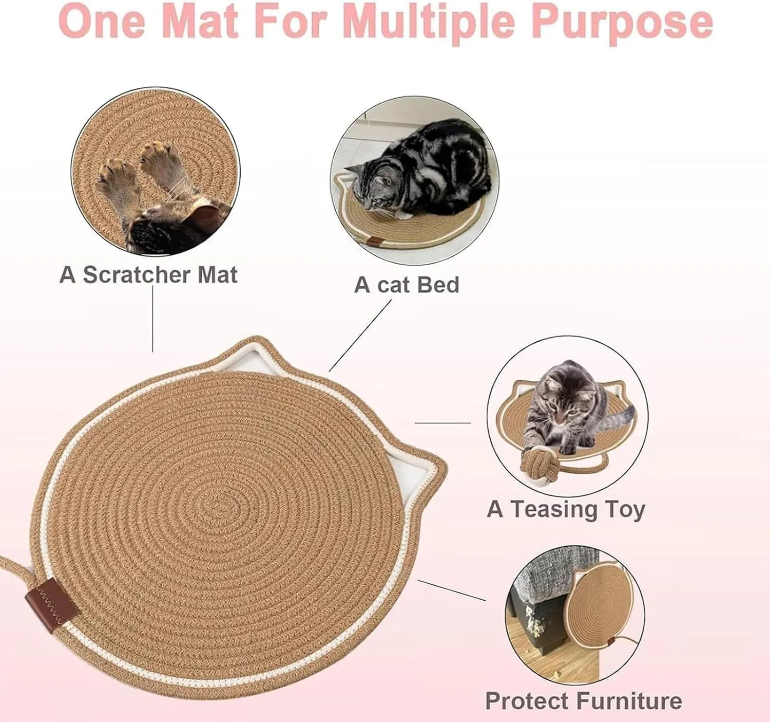 Celery Pets, Dual Scratching Pad for Cats, Celery Pets Dual Scratching Pad, Natural Cotton Rope Cat Scratching Pads, Large Size Cat Scratching Cat Scratcher Mat with Toy (2PCS-C,17in)