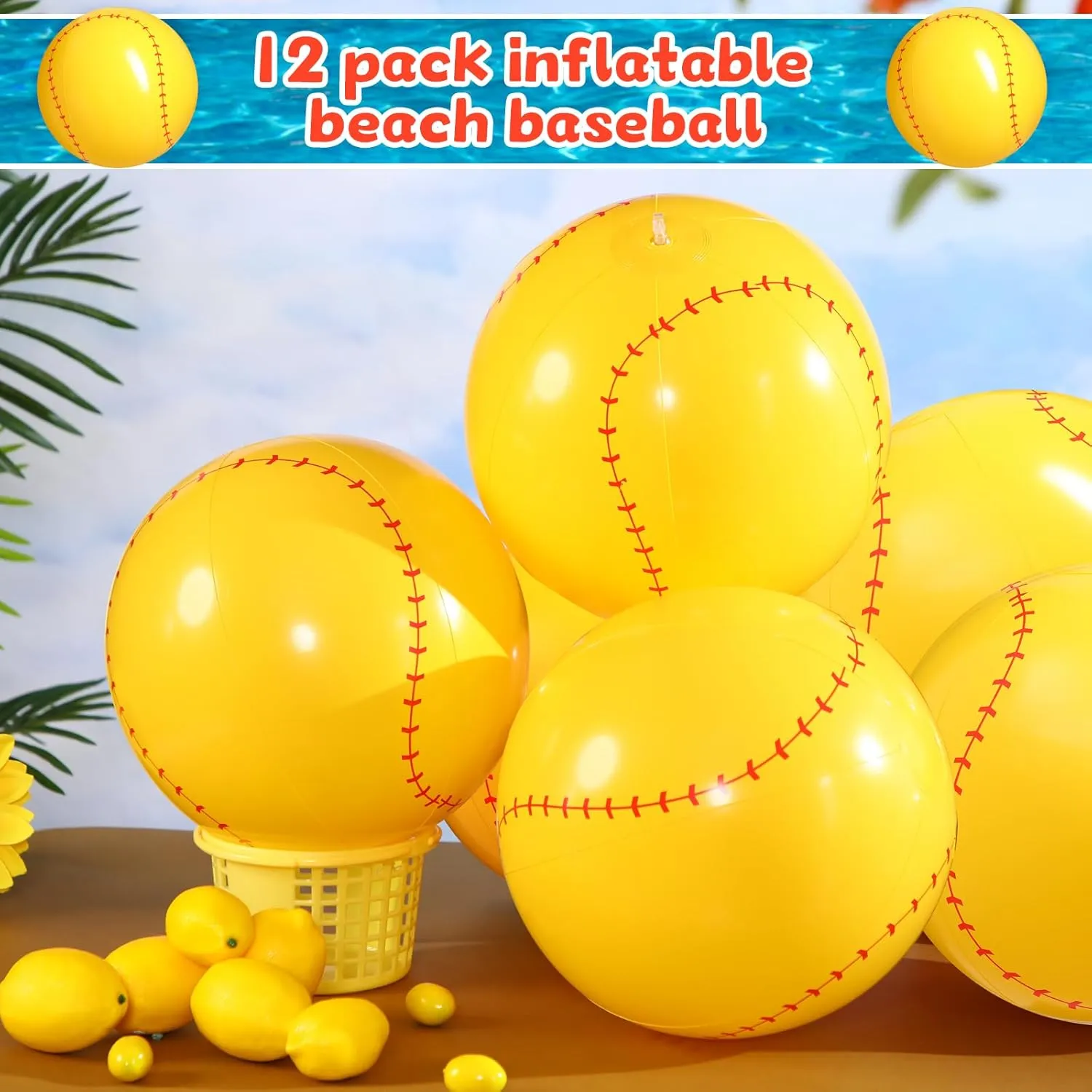 Chivao 12 Pack Inflatable Beach Ball Football Soccer Baseball Volleyball Softball Glitter Beach Ball Blow up Balls for Summer Swimming Pool Party Favor Game(Baseball,16 Inch)