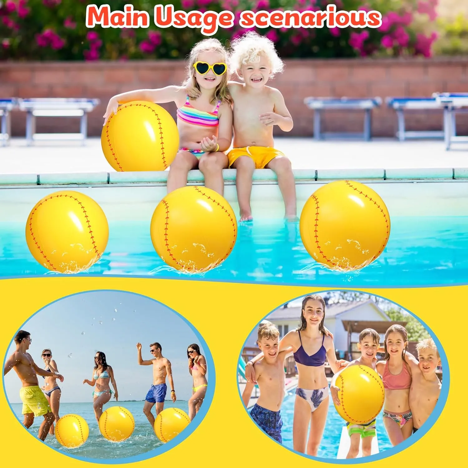 Chivao 12 Pack Inflatable Beach Ball Football Soccer Baseball Volleyball Softball Glitter Beach Ball Blow up Balls for Summer Swimming Pool Party Favor Game(Baseball,16 Inch)