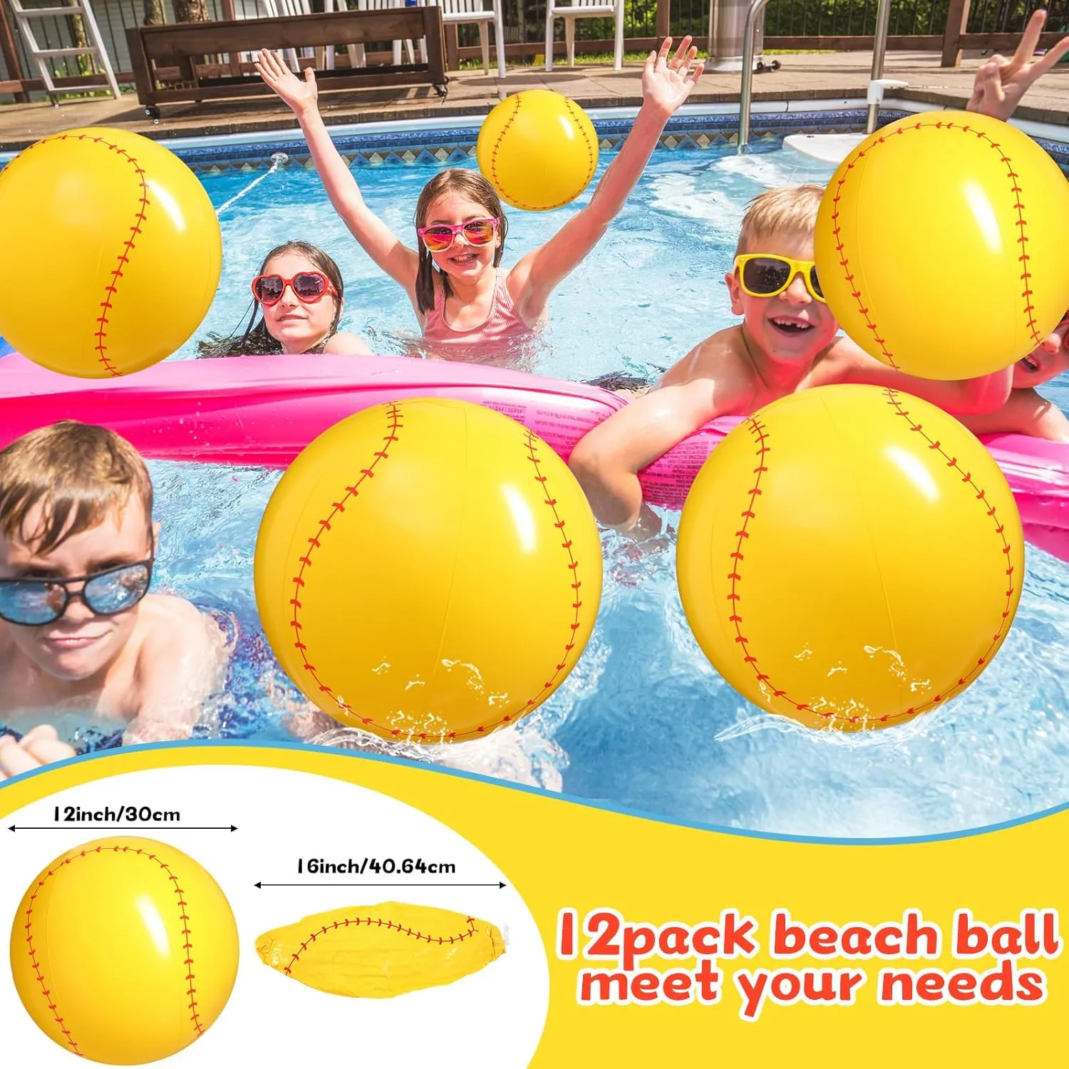 Chivao 12 Pack Inflatable Beach Ball Football Soccer Baseball Volleyball Softball Glitter Beach Ball Blow up Balls for Summer Swimming Pool Party Favor Game(Baseball,16 Inch)