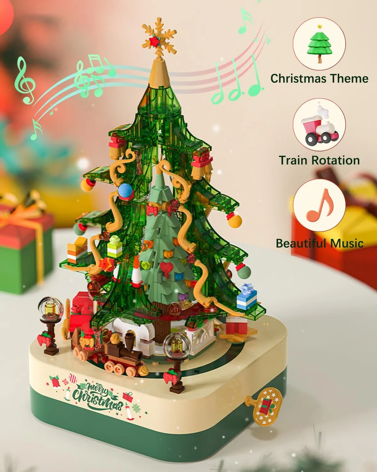 Christmas Building Blocks Music Box Toy Sets, Green Crystal Christmas Tree 558 Pieces, Christmas Holiday Decoration Block Kit, Creative for Kids Adults (1318)