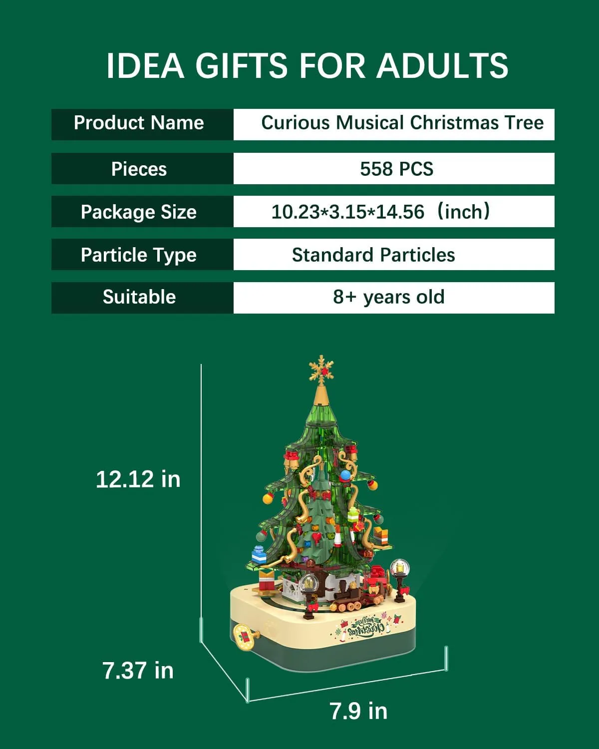 Christmas Building Blocks Music Box Toy Sets, Green Crystal Christmas Tree 558 Pieces, Christmas Holiday Decoration Block Kit, Creative for Kids Adults (1318)