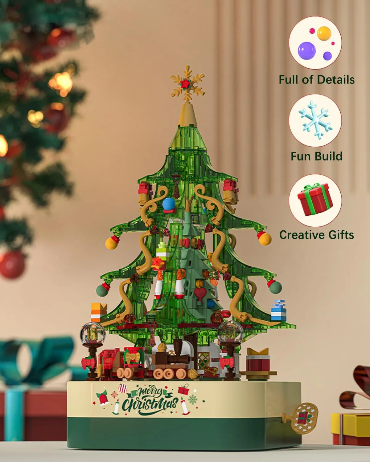 Christmas Building Blocks Music Box Toy Sets, Green Crystal Christmas Tree 558 Pieces, Christmas Holiday Decoration Block Kit, Creative for Kids Adults (1318)