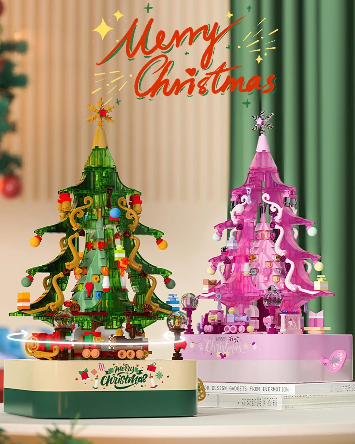 Christmas Building Blocks Music Box Toy Sets, Green Crystal Christmas Tree 558 Pieces, Christmas Holiday Decoration Block Kit, Creative for Kids Adults (1318)