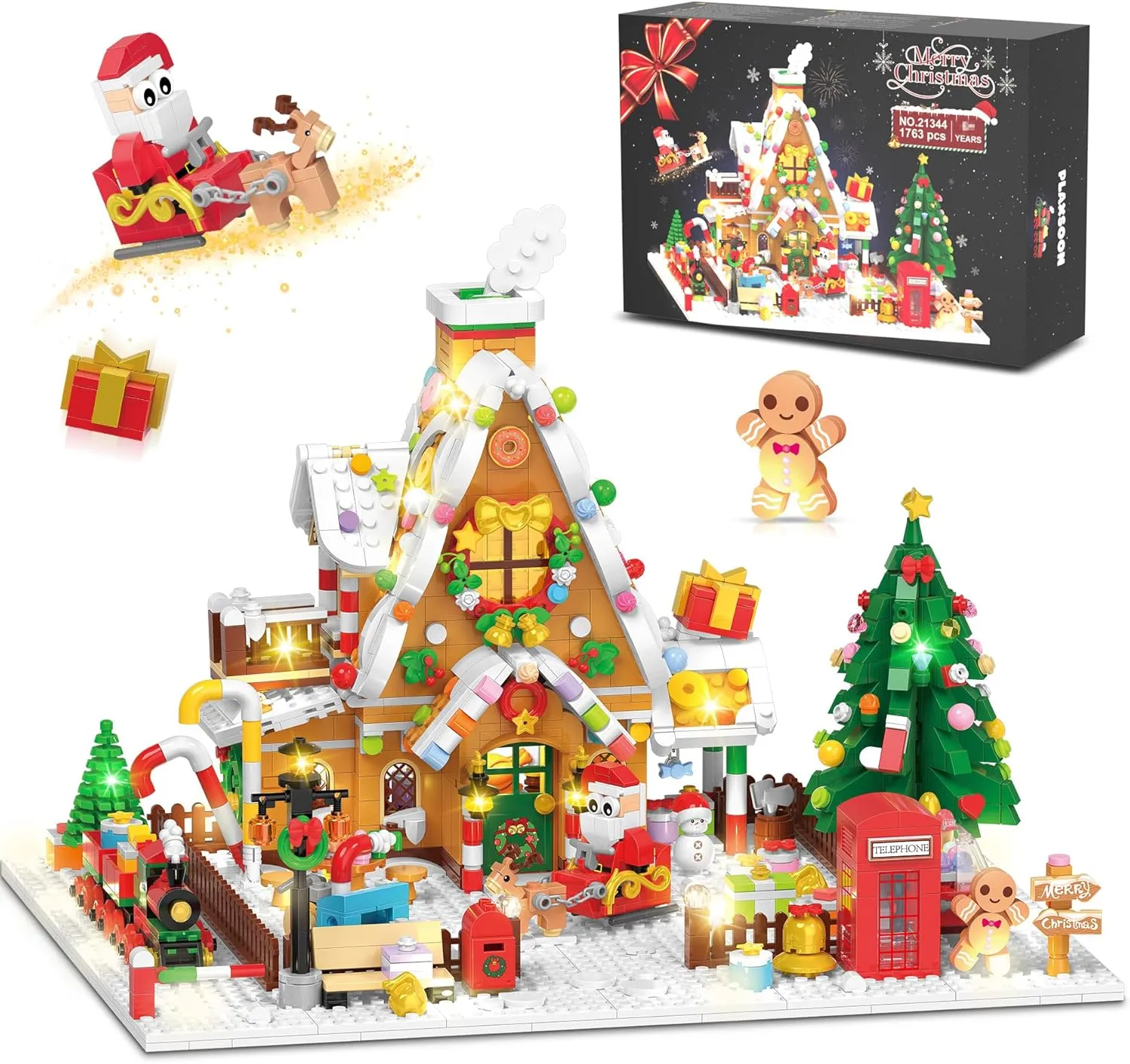 Christmas Gingerbread House Mini Building Set with LED Light, 1763 PCS Christmas Courtyard Building Block Toy with Santa Claus Xmas Tree Train Home Decor, Gift for Adult Kids Girls Boys 10 