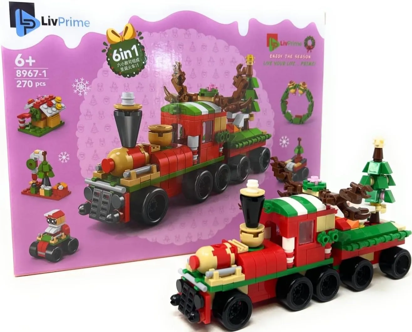 Christmas Train Building Block Set - 6-in-1 Holiday Set for Kids, Create a Festive Train, or Build 6 Mini Festive Items, 270 pcs, Ages 6 