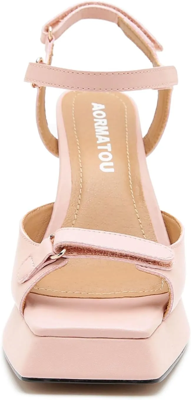 Chunky Platform Heels for Women 4 Inches Heels Sandals for Women Comfy Square Open Toe Block Heeled Sandals Ankle Strap Dress High Heels