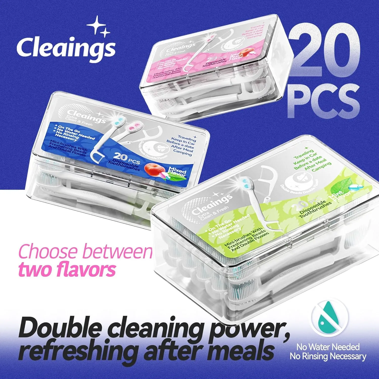 cleaings® Disposable Toothbrushes with Double Cleaning Beads Toothpaste and Clean Floss Picks for Work or Travel - 20 pcs-Mixed Flavor（Pack of 2）
