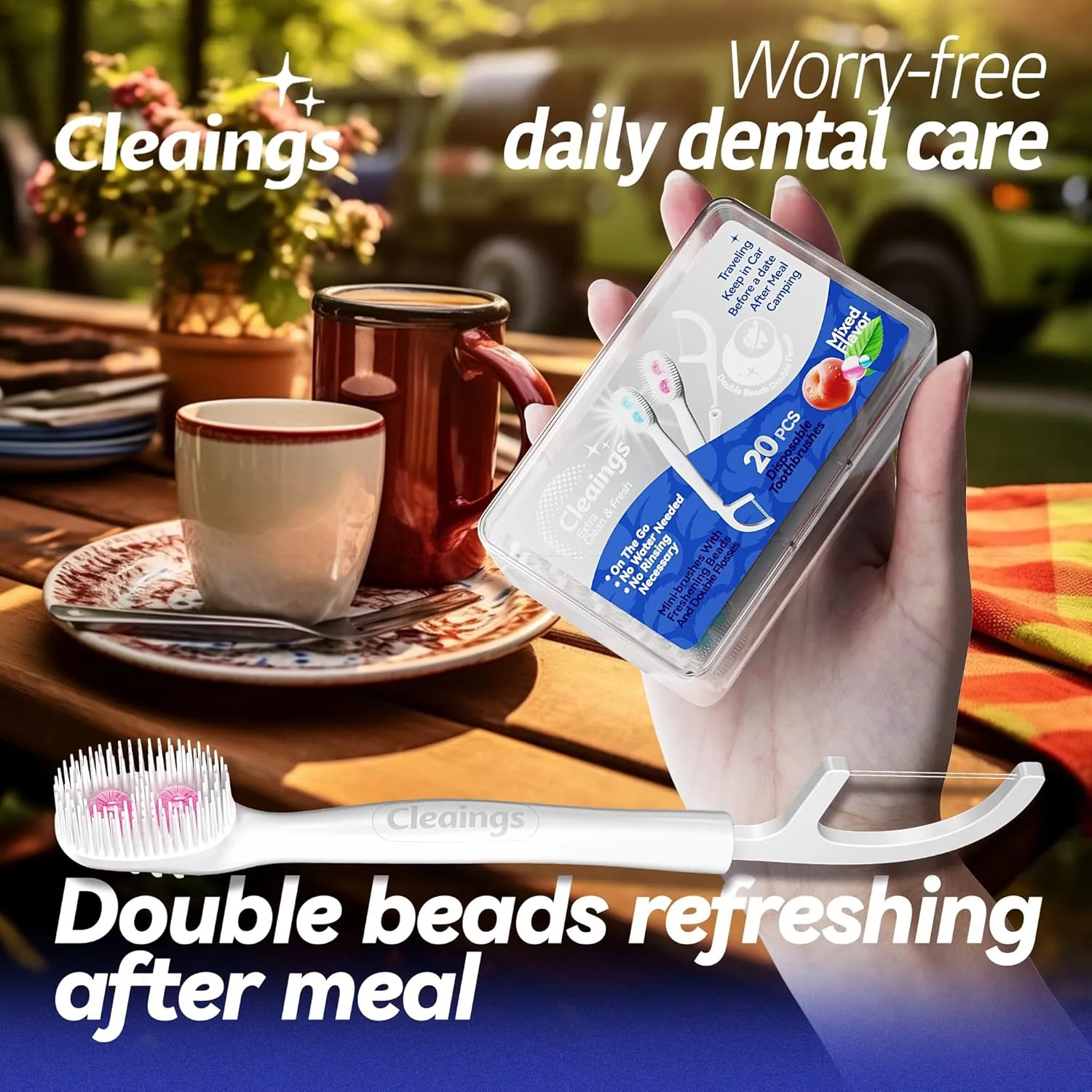 cleaings® Disposable Toothbrushes with Double Cleaning Beads Toothpaste and Clean Floss Picks for Work or Travel - 20 pcs-Mixed Flavor（Pack of 2）
