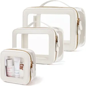 Clear Cosmetic Bag Set for Women Makeup Bag with Handle, 3 Pcs Travel Toiletry Bag Transparent Cosmetic Case Portable Make Up Organizer Bag for Essentials (White, Mini S L)