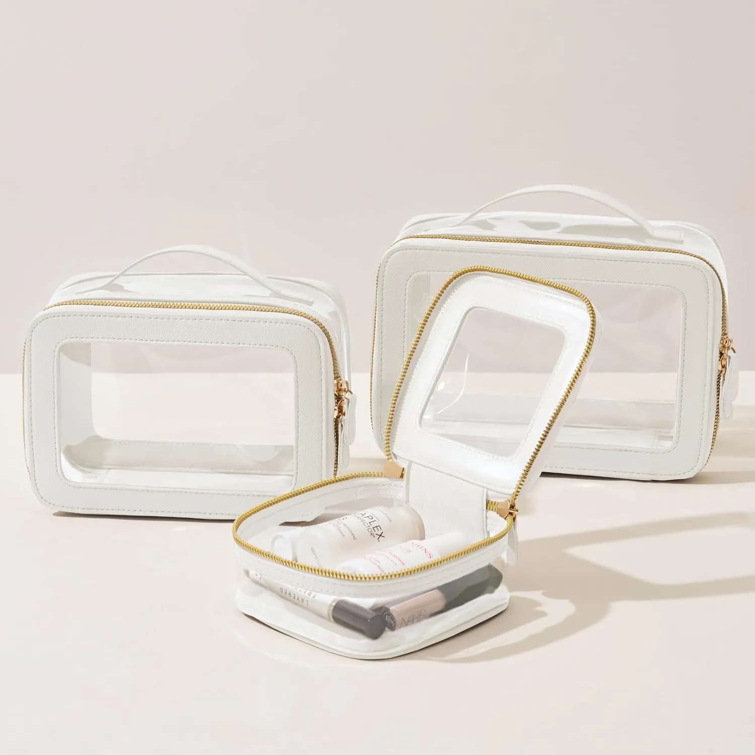 Clear Cosmetic Bag Set for Women Makeup Bag with Handle, 3 Pcs Travel Toiletry Bag Transparent Cosmetic Case Portable Make Up Organizer Bag for Essentials (White, Mini S L)