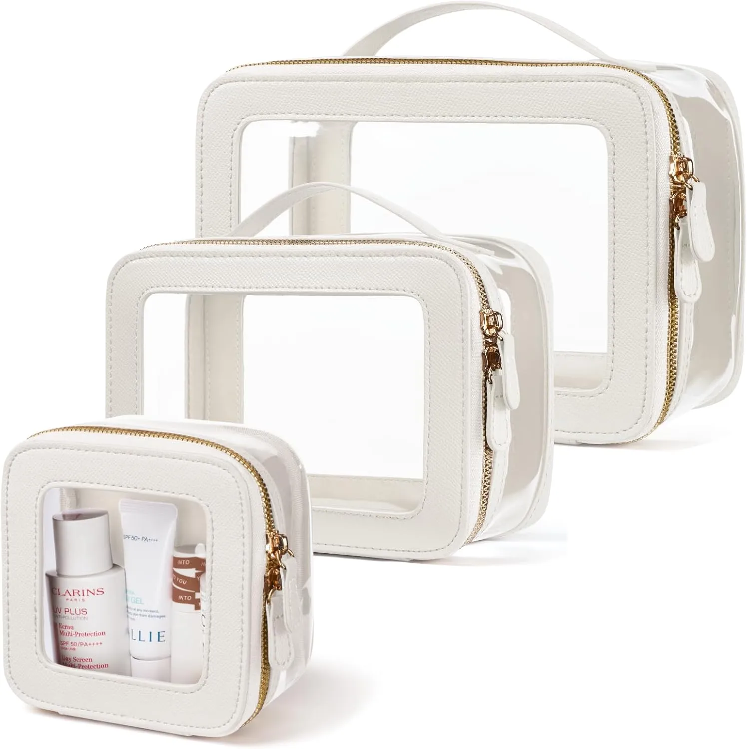 Clear Cosmetic Bag Set for Women Makeup Bag with Handle, 3 Pcs Travel Toiletry Bag Transparent Cosmetic Case Portable Make Up Organizer Bag for Essentials (White, Mini S L)