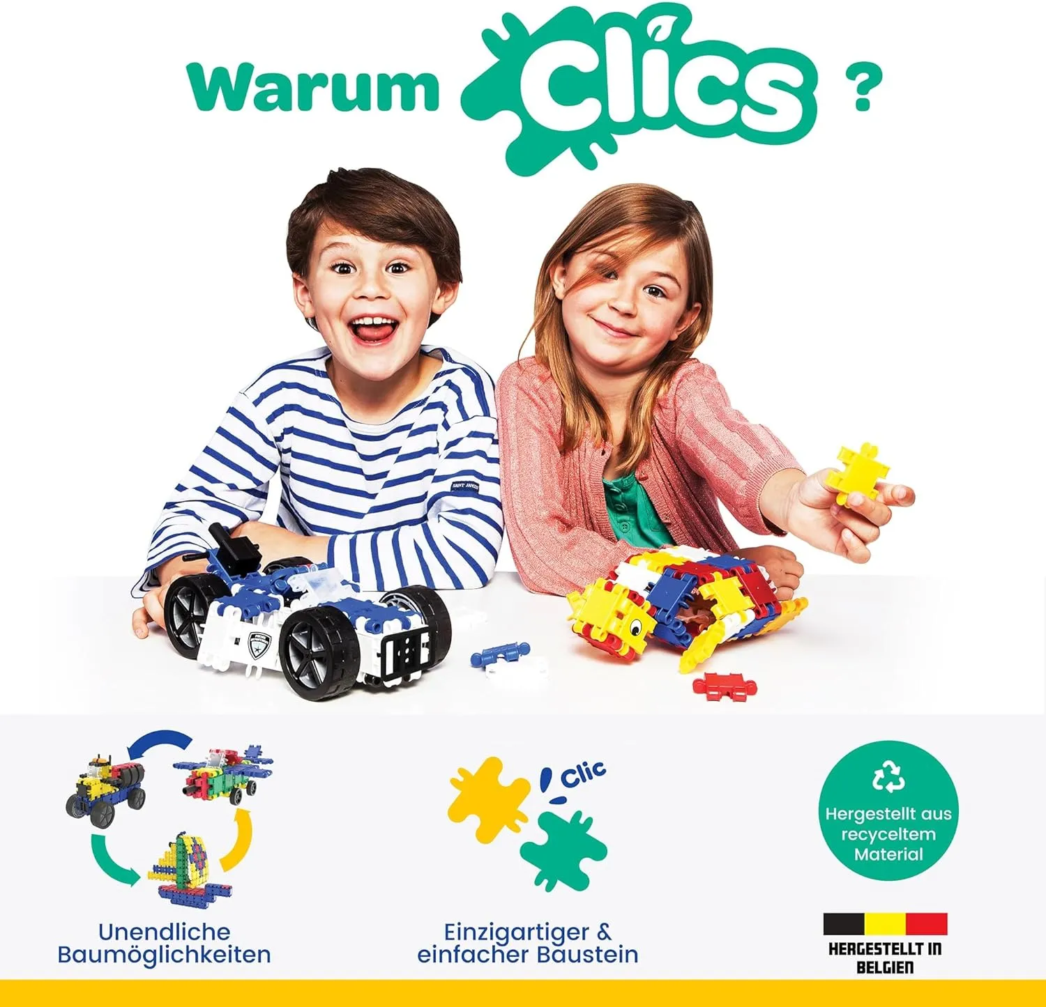 Clics Basic Set of 377 Pieces, Construction Toys for 3 Year Old Boys and Girls, rollerbox of Blocks to Learn Shapes and Colors, Educational STEM Toys. No BPA, PVC. Dishwasher Safe, Recycled Plastic.