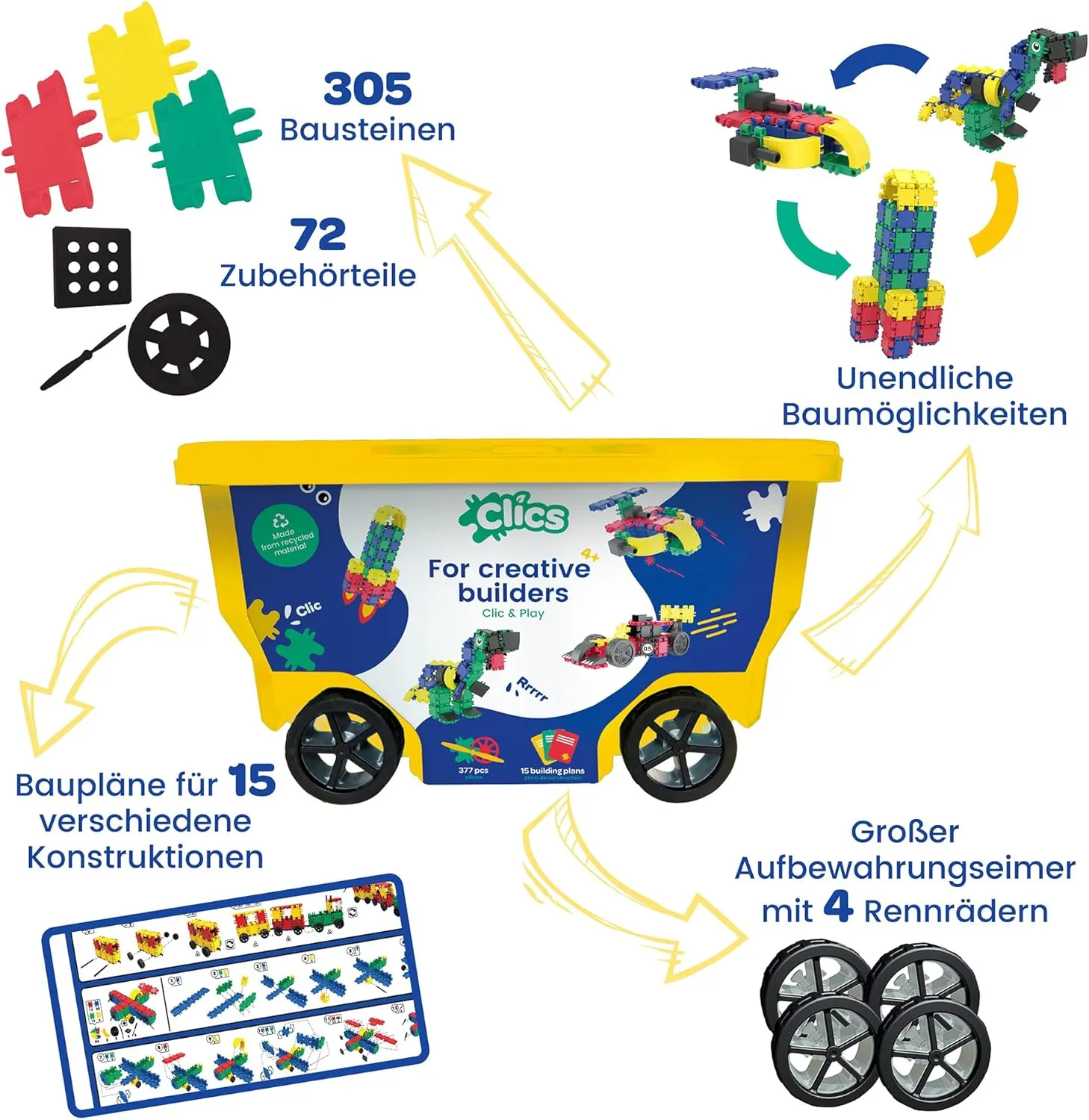 Clics Basic Set of 377 Pieces, Construction Toys for 3 Year Old Boys and Girls, rollerbox of Blocks to Learn Shapes and Colors, Educational STEM Toys. No BPA, PVC. Dishwasher Safe, Recycled Plastic.