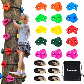 Climbing Hold for Kids Outdoor-Ninja Tree Climbing Rocks 15 Pcs with 6 Ratchets-Climbing Grip Kits for Ninja Warrior Obstacle Course