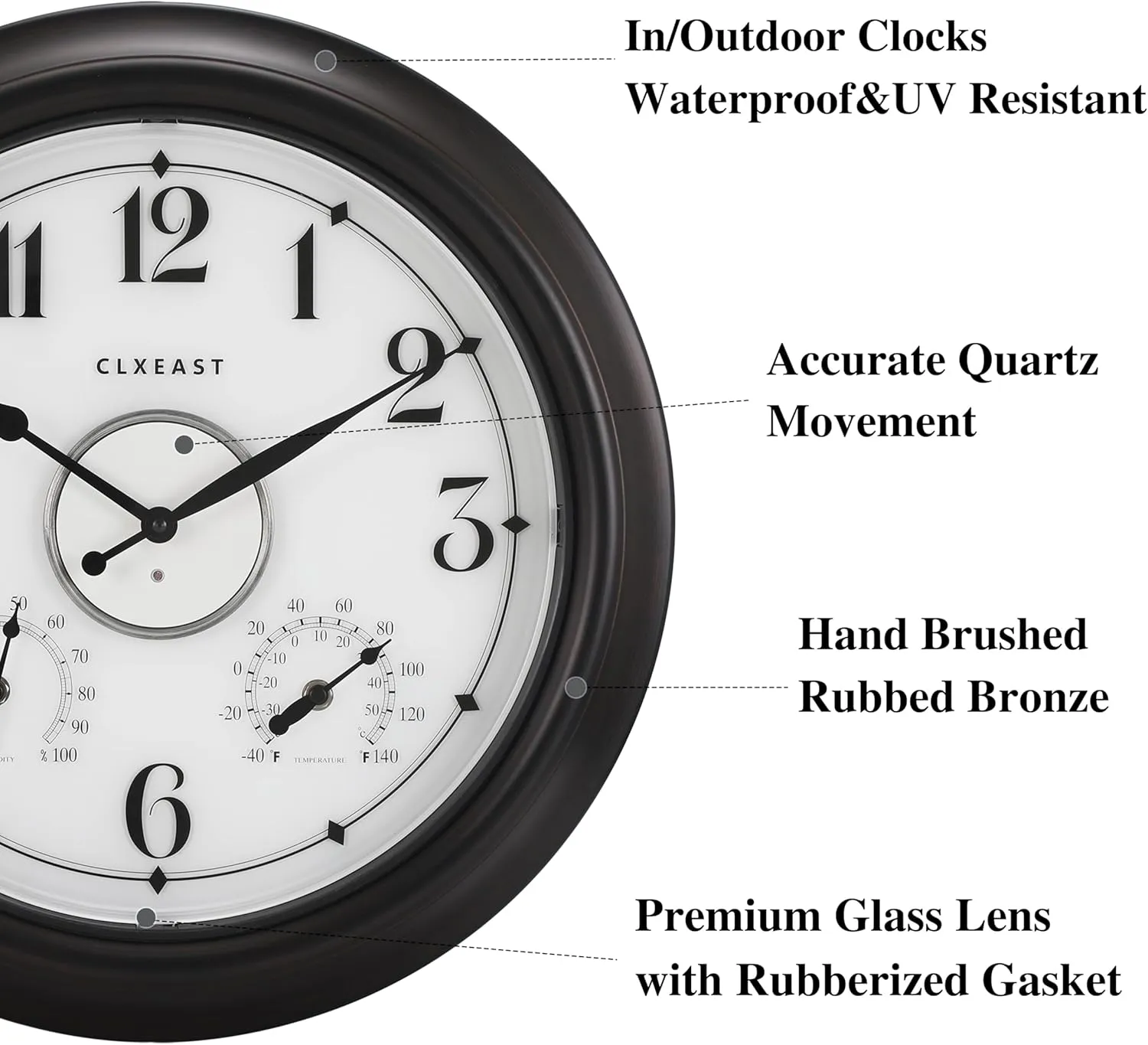 CLXEAST Illuminated Indoor Outdoor Clocks Waterproof 18 inch with Smart Night Light Sensor,Large Wall Clock with Thermometer & Hygrometer,Oil Rubbed Bronze Black,House Warming Gifts New Home