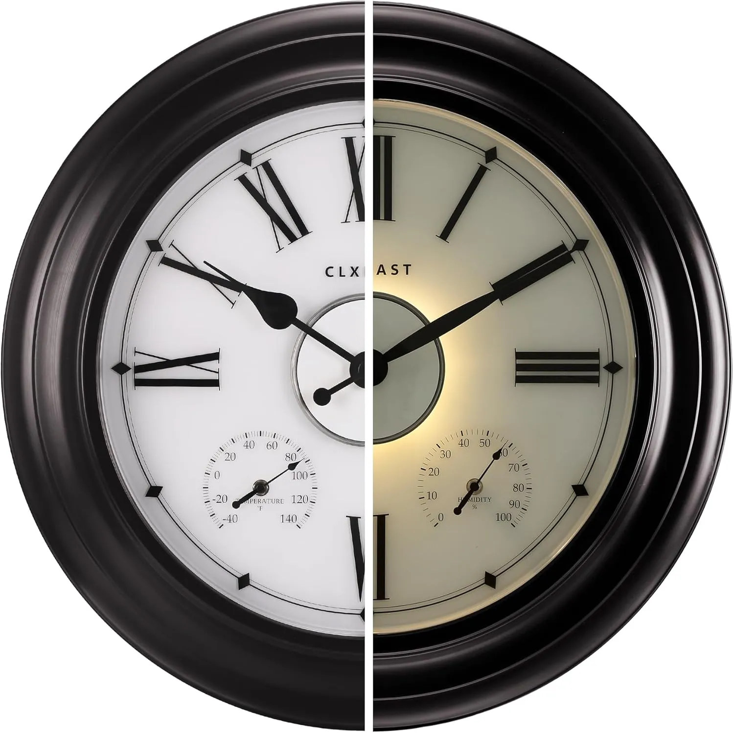 CLXEAST Illuminated Outdoor Indoor Metal Clocks Waterproof 24 inch, Oil Rubbed Bronze Black,Oversized Large Outdoor Roman Numeral Wall Clock with Thermometer & Hygrometer