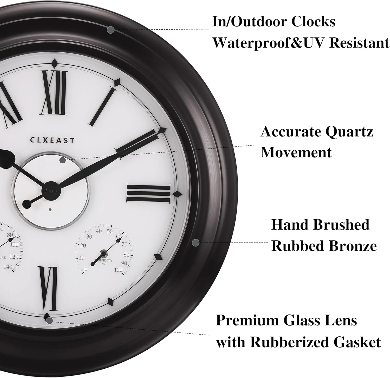 CLXEAST Illuminated Outdoor Indoor Metal Clocks Waterproof 24 inch, Oil Rubbed Bronze Black,Oversized Large Outdoor Roman Numeral Wall Clock with Thermometer & Hygrometer