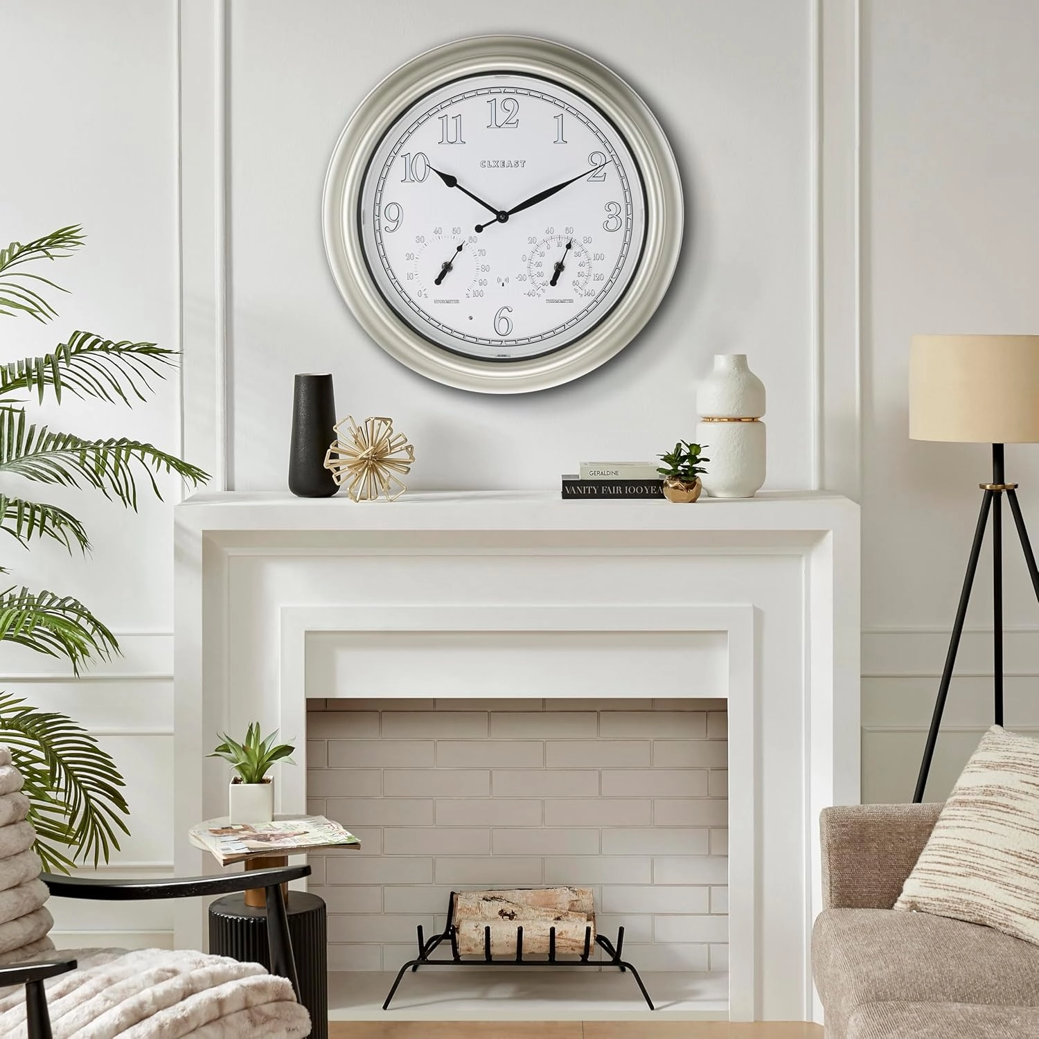 CLXEAST 18 Inch Illuminated Outdoor Indoor Atomic Analog Wall Clock with Temperature & Humidity Combo, Lighted Outdoor Clocks for Patio Large Waterproof with Thermometer, Modern Morning Silver/Gold