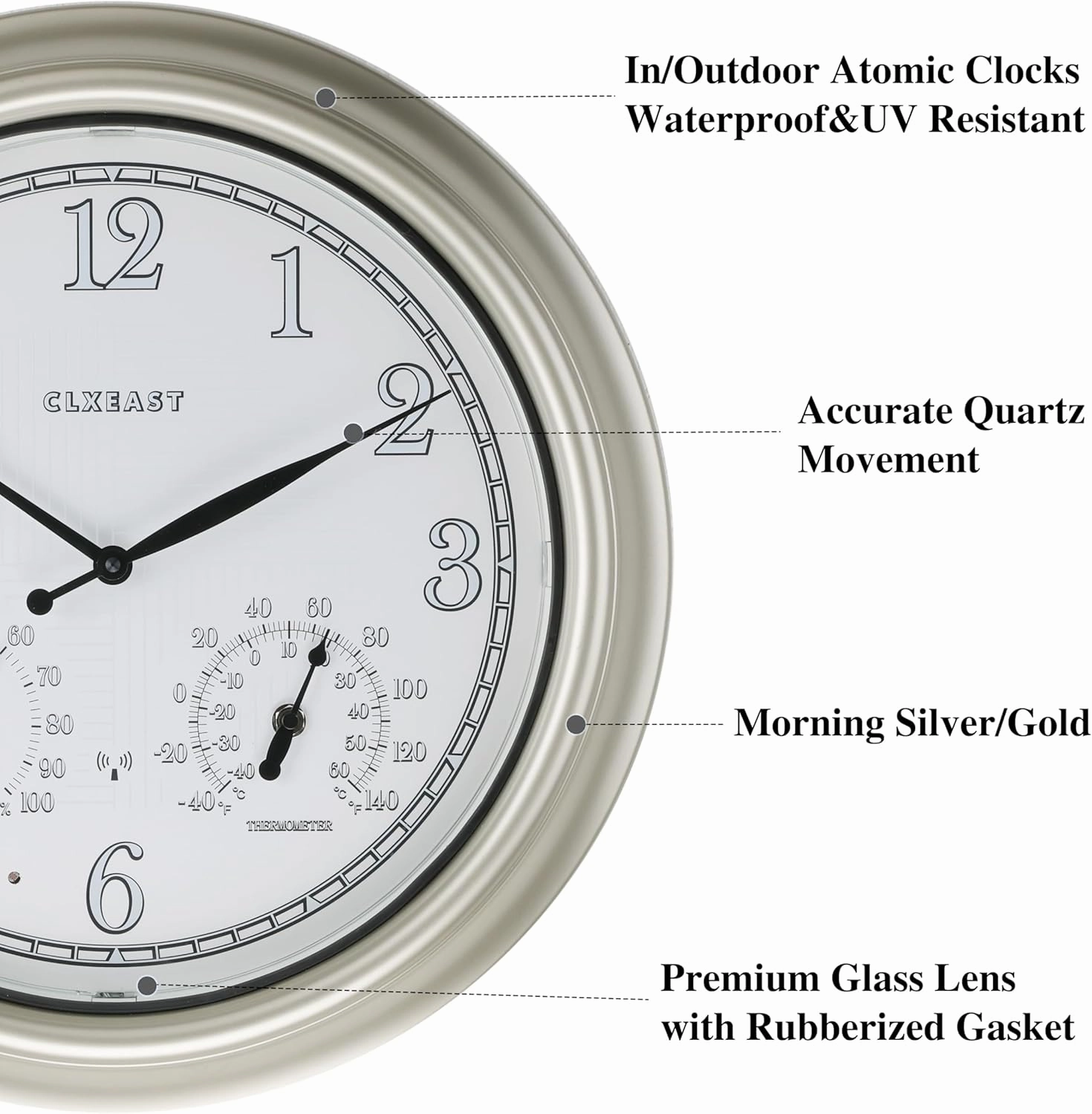 CLXEAST 18 Inch Illuminated Outdoor Indoor Atomic Analog Wall Clock with Temperature & Humidity Combo, Lighted Outdoor Clocks for Patio Large Waterproof with Thermometer, Modern Morning Silver/Gold