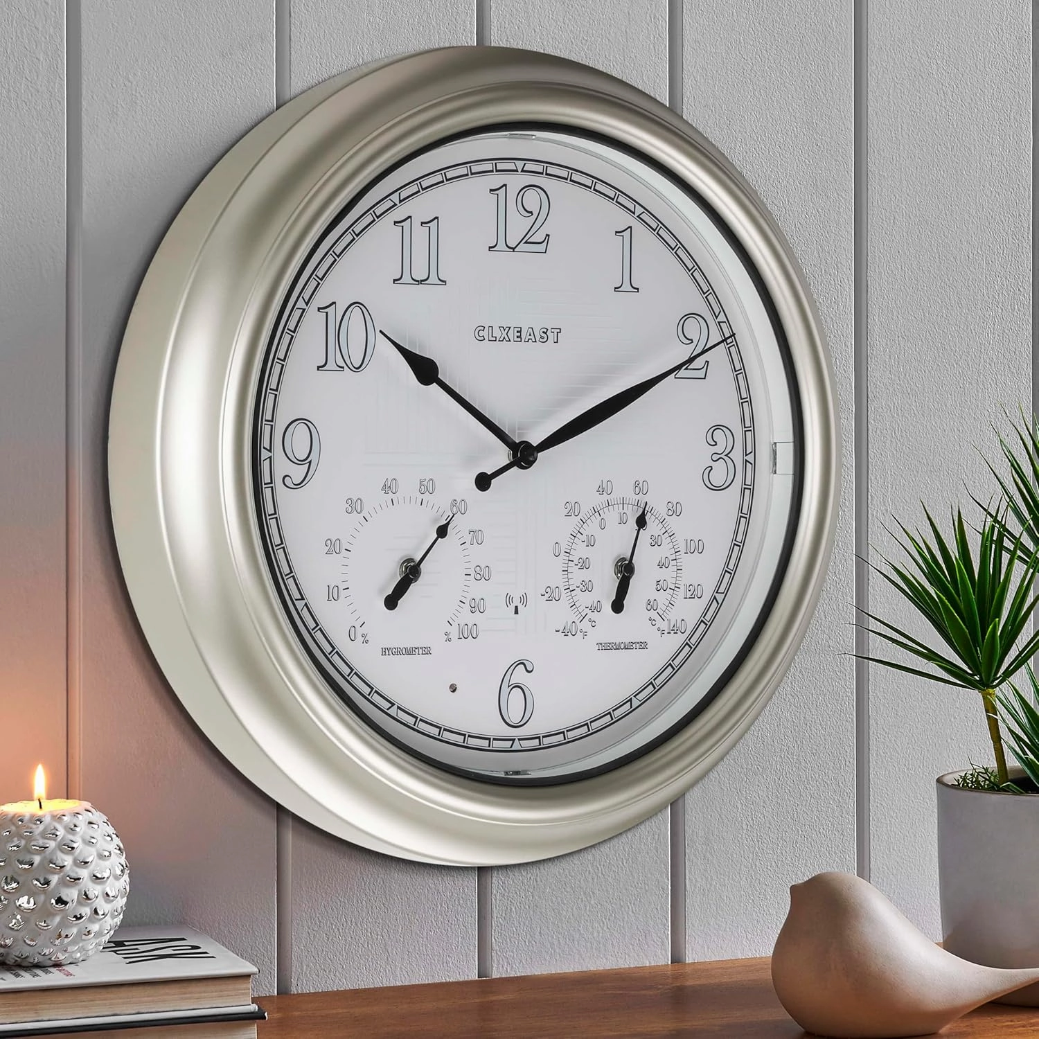 CLXEAST 18 Inch Illuminated Outdoor Indoor Atomic Analog Wall Clock with Temperature & Humidity Combo, Lighted Outdoor Clocks for Patio Large Waterproof with Thermometer, Modern Morning Silver/Gold