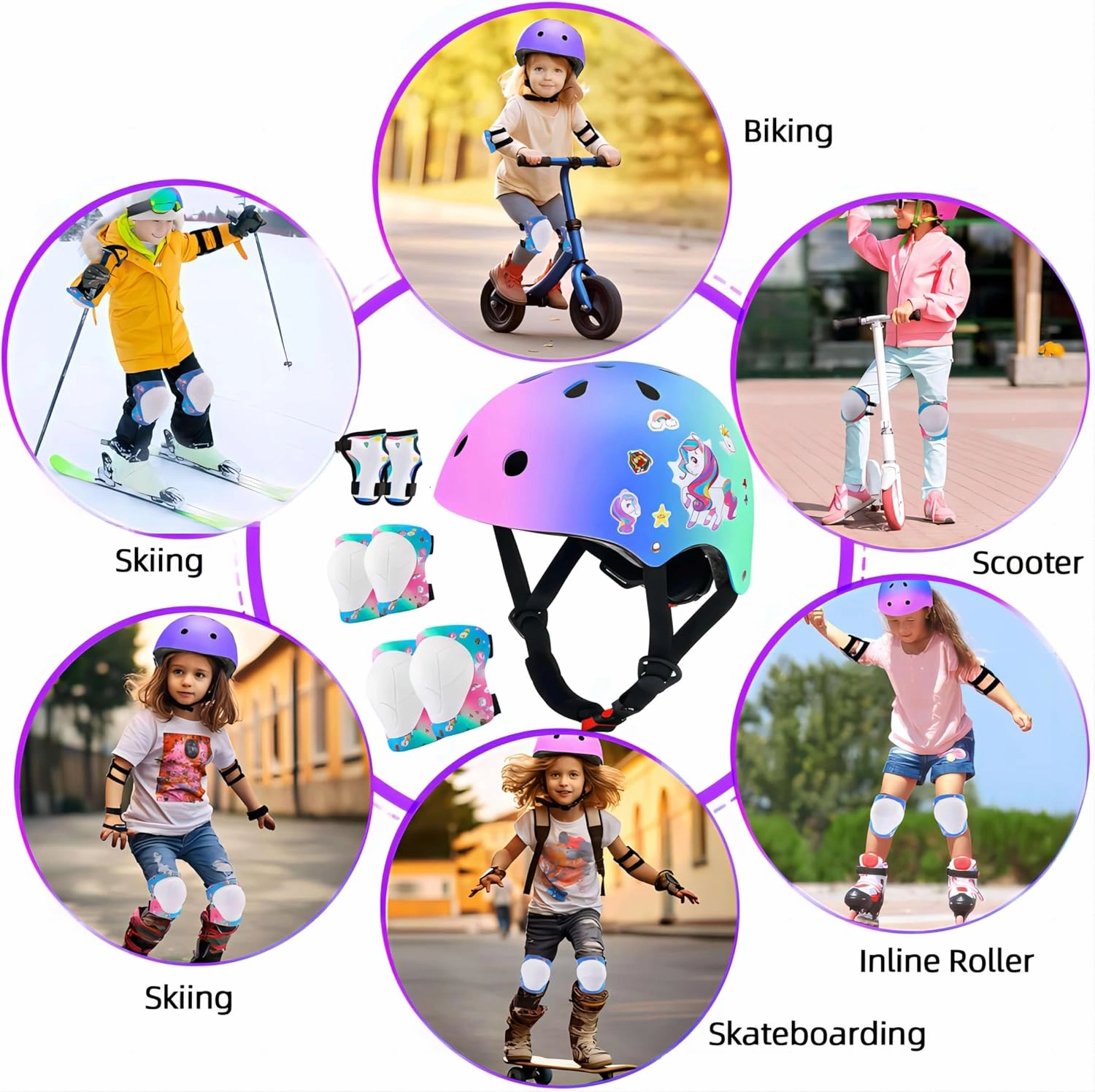 Color Gradient Kids Bike Helmets Ages 5-8 Adjustable Helmet for Kids Protective Gear Set with Elbow Knee Pads Wrist Guards for Skateboard Cycling Skating Scooter