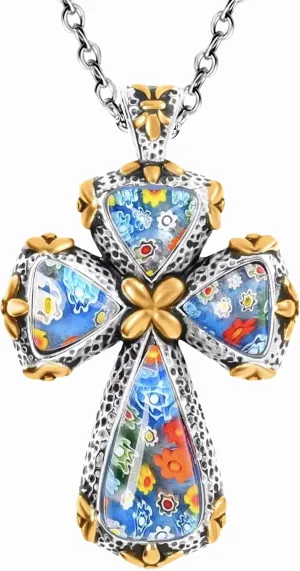 Colorful Rainbow Cross Necklace for Women Men Black Oxidsized Murano Style Millefiori Glass Flower Stainless Steel Chain Size 20" Catholic Faith Christian Jewelry Religious Birthday Gifts for Her