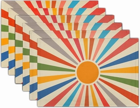 Colorful Boho Placemats Set of 6 Rustic Retro Rainbow 70s Sun Linen Washable Kitchen Dining Table Mats Stain Heat-Resistant Desktop Decor Place Mats for Home Party Indoor 12x18 in