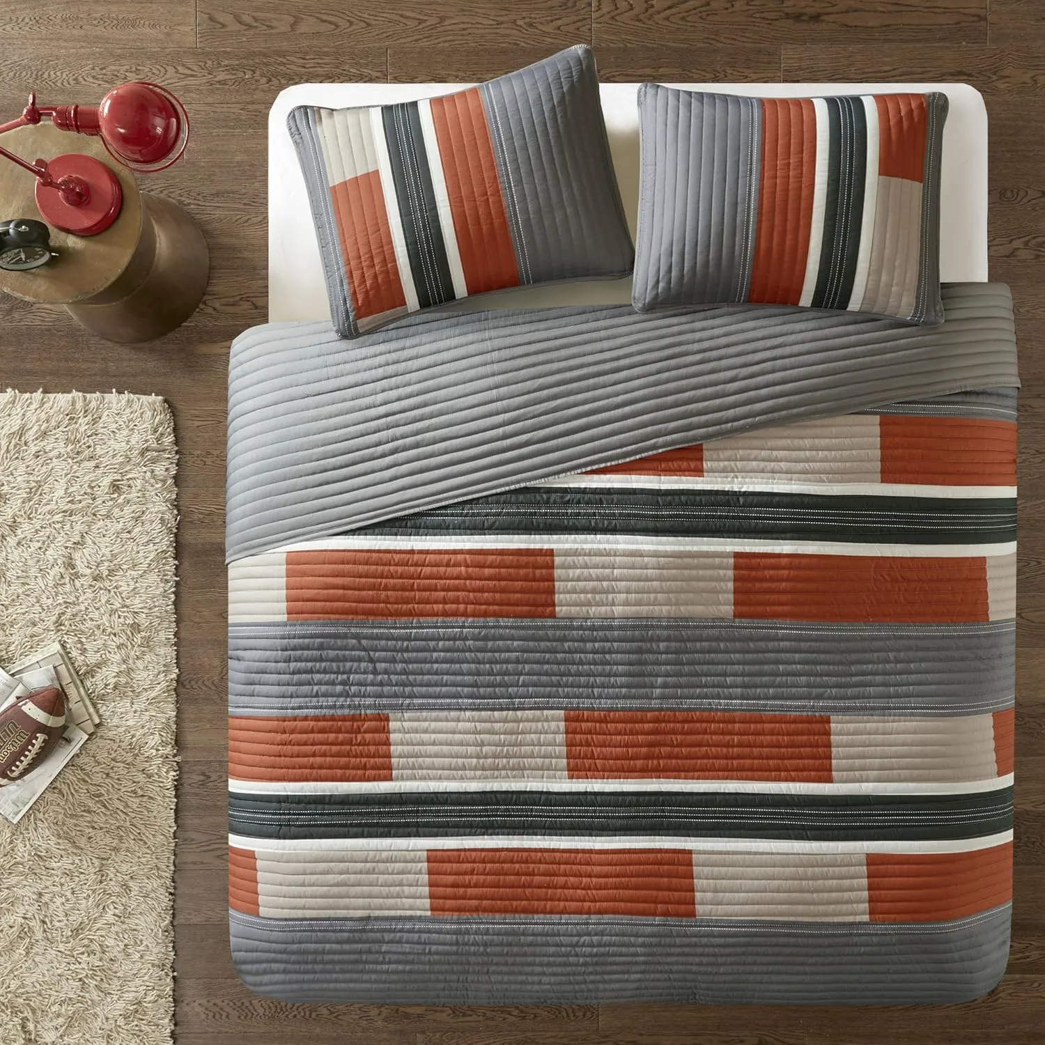 Comfort Spaces Quilt Set Trendy Casual Fun, Vibrant Color Design, Hypoallergenic All Season, Lightweight Coverlet Bedspread Cozy Kids Bedding & Sham Twin/Twin XL Pierre Grey Orange Stripe 2 Piece