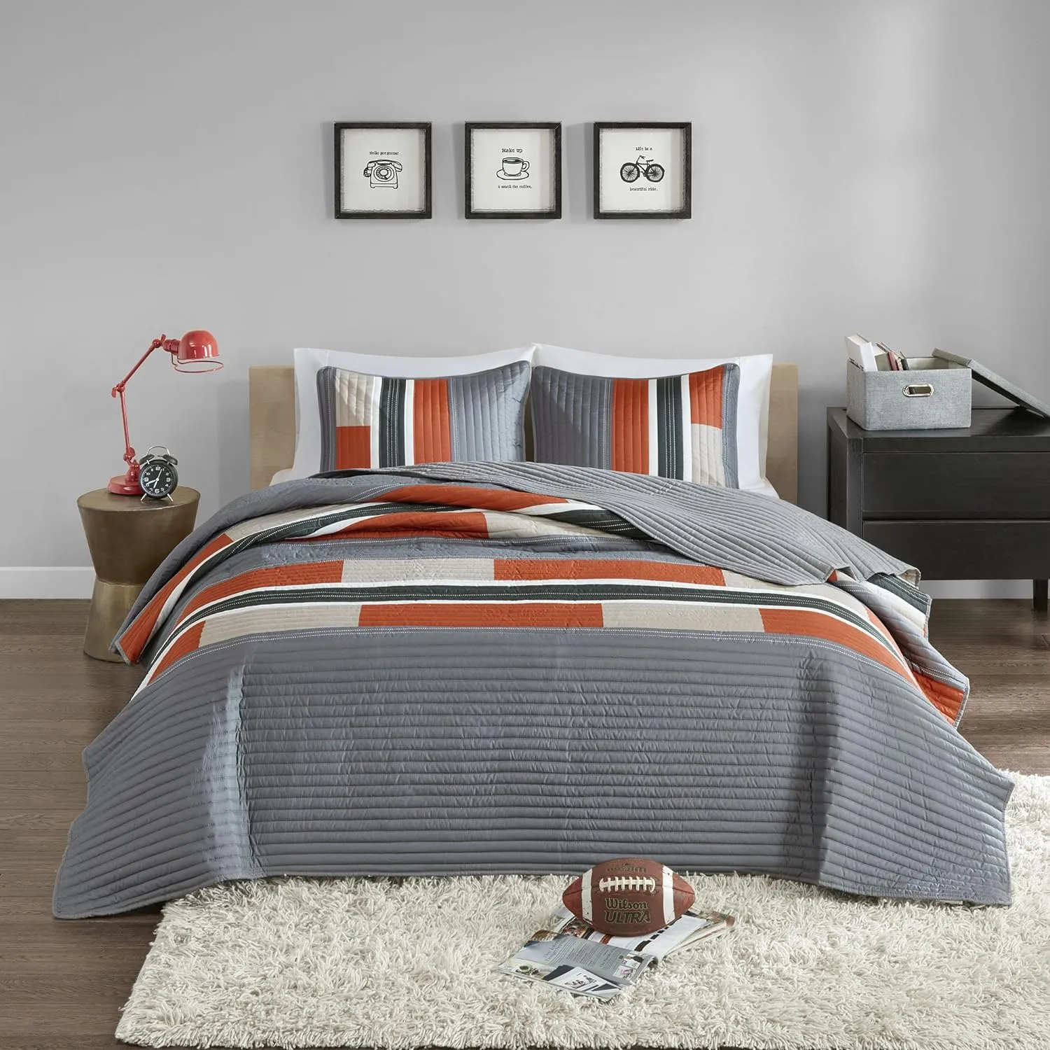 Comfort Spaces Quilt Set Trendy Casual Fun, Vibrant Color Design, Hypoallergenic All Season, Lightweight Coverlet Bedspread Cozy Kids Bedding & Sham Twin/Twin XL Pierre Grey Orange Stripe 2 Piece