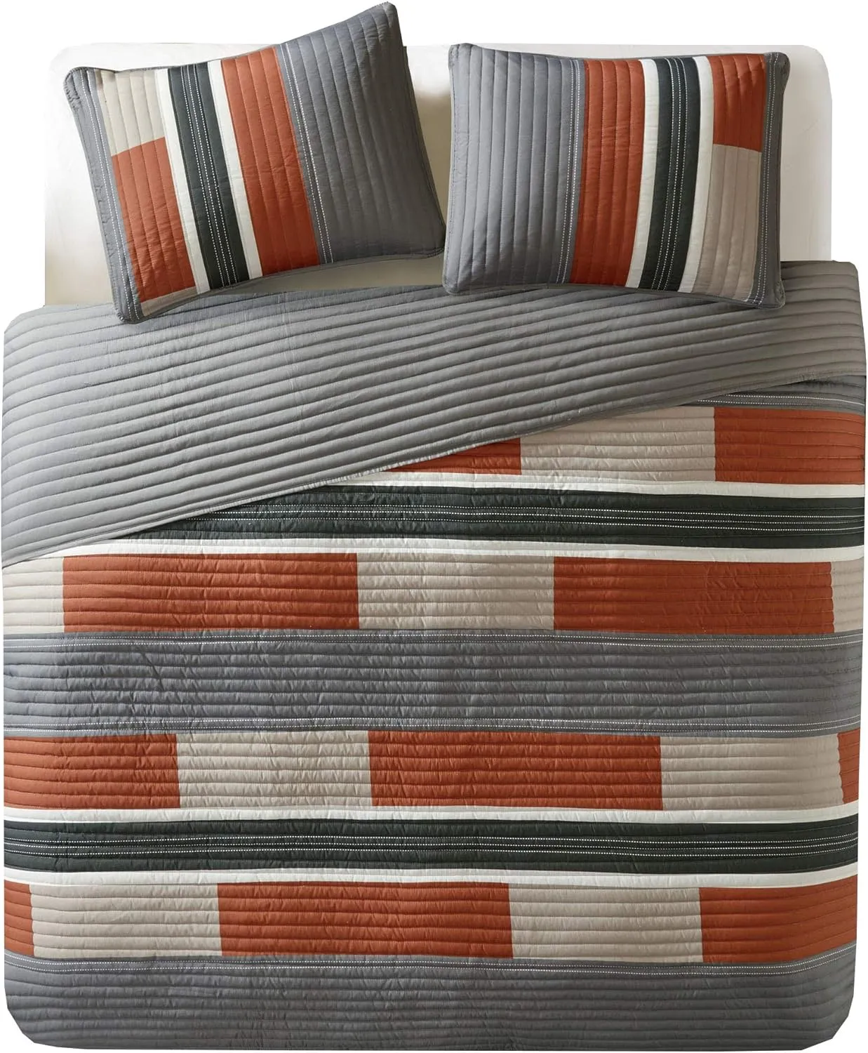 Comfort Spaces Quilt Set Trendy Casual Fun, Vibrant Color Design, Hypoallergenic All Season, Lightweight Coverlet Bedspread Cozy Kids Bedding & Sham Twin/Twin XL Pierre Grey Orange Stripe 2 Piece