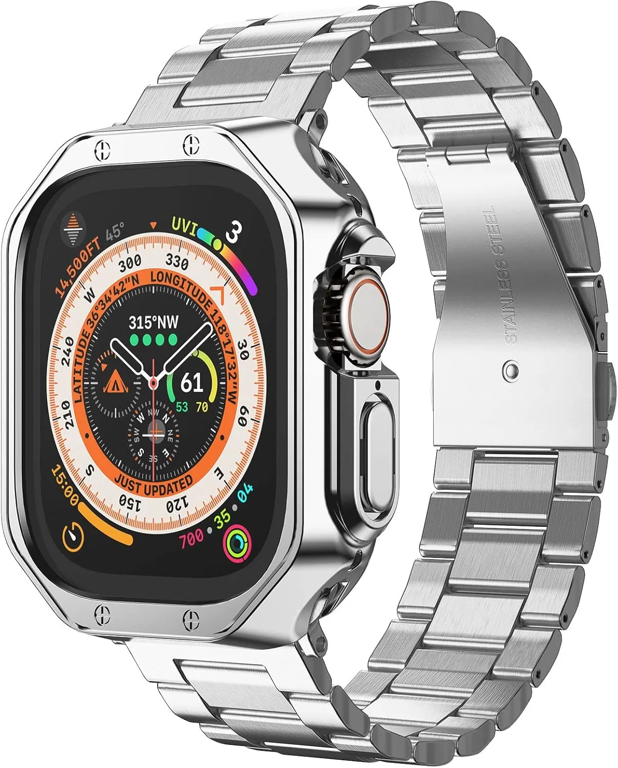Compatible with Apple Watch Ultra 2 Band and Case, Stainless Steel Metal Chain with TPU Cover, Smart-Watch Link Bracelet Strap for men, Wrist-Band for i-Watch Ultra, 49mm, Silver