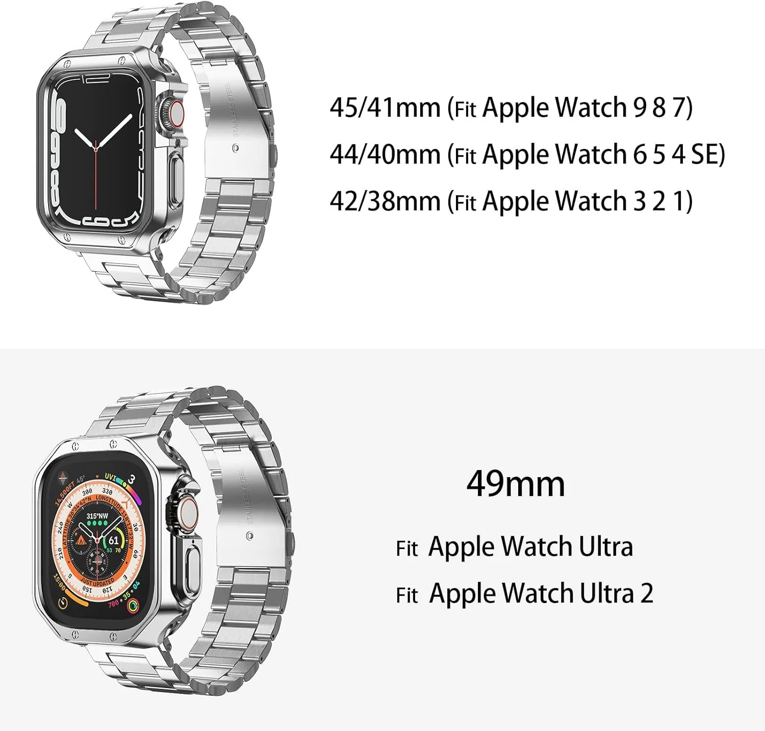 Compatible with Apple Watch Ultra 2 Band and Case, Stainless Steel Metal Chain with TPU Cover, Smart-Watch Link Bracelet Strap for men, Wrist-Band for i-Watch Ultra, 49mm, Silver