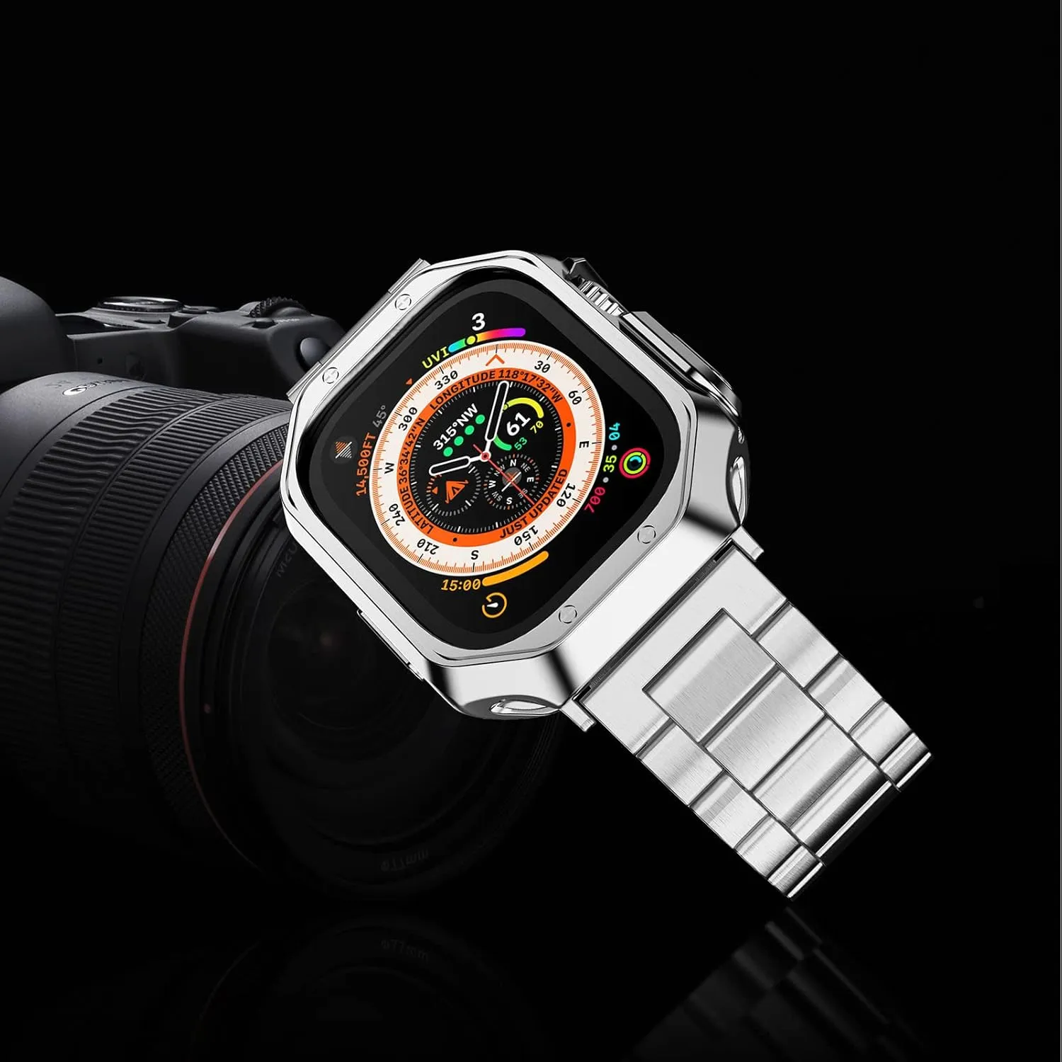 Compatible with Apple Watch Ultra 2 Band and Case, Stainless Steel Metal Chain with TPU Cover, Smart-Watch Link Bracelet Strap for men, Wrist-Band for i-Watch Ultra, 49mm, Silver