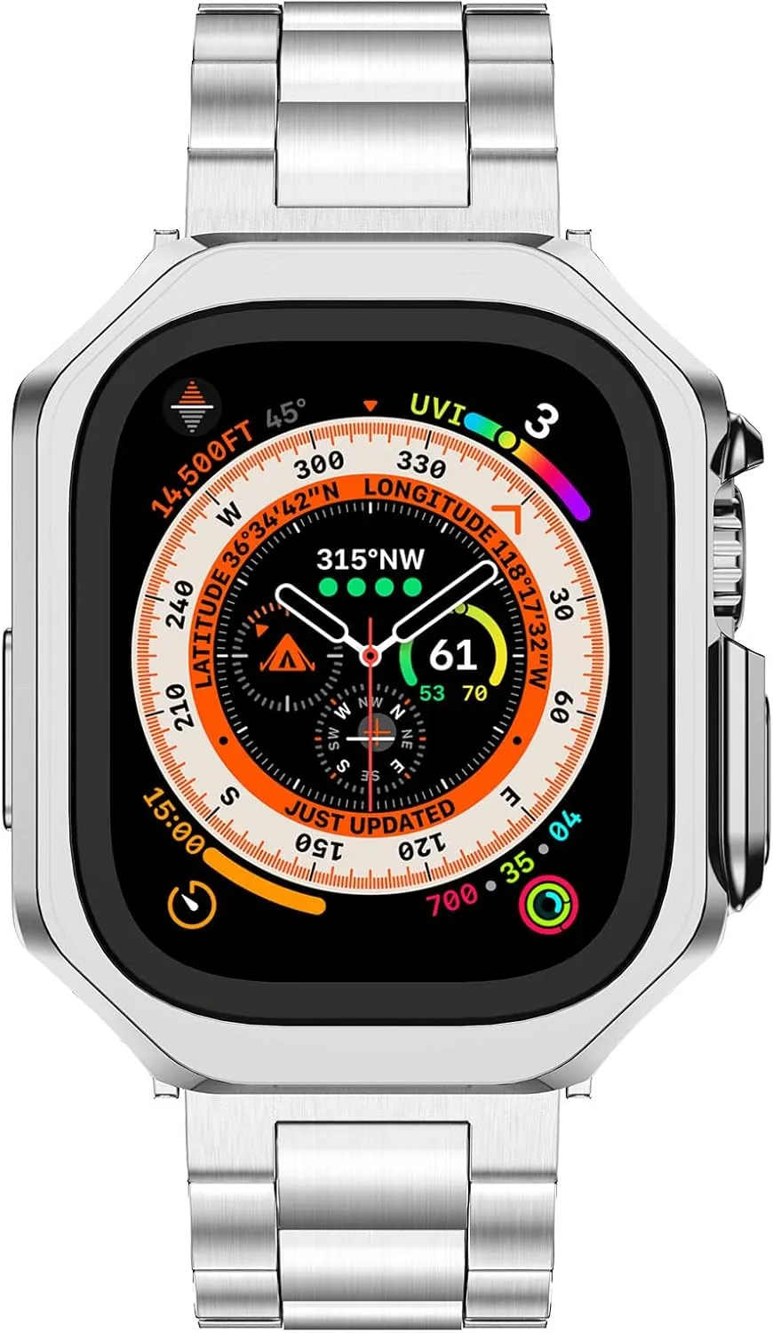 Compatible with Apple Watch Ultra 2 Band and Case, Stainless Steel Metal Chain with TPU Cover, Smart-Watch Link Bracelet Strap for men, Wrist-Band for i-Watch Ultra, 49mm, Silver