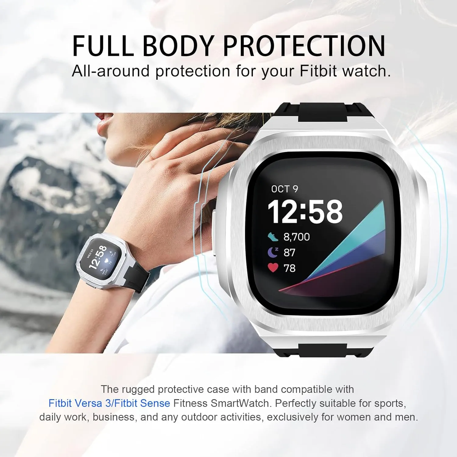Compatible with Fitbit Versa 3/ Fitbit Sense Bands with Case, Protective Rugged Cover   Glass Screen Protector   Sport Strap for Fitbit Sense/Versa 3 Replacement Wristbands (Silver)