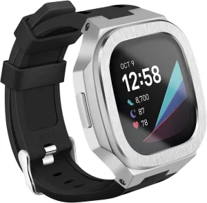 Compatible with Fitbit Versa 3/ Fitbit Sense Bands with Case, Protective Rugged Cover   Glass Screen Protector   Sport Strap for Fitbit Sense/Versa 3 Replacement Wristbands (Silver)