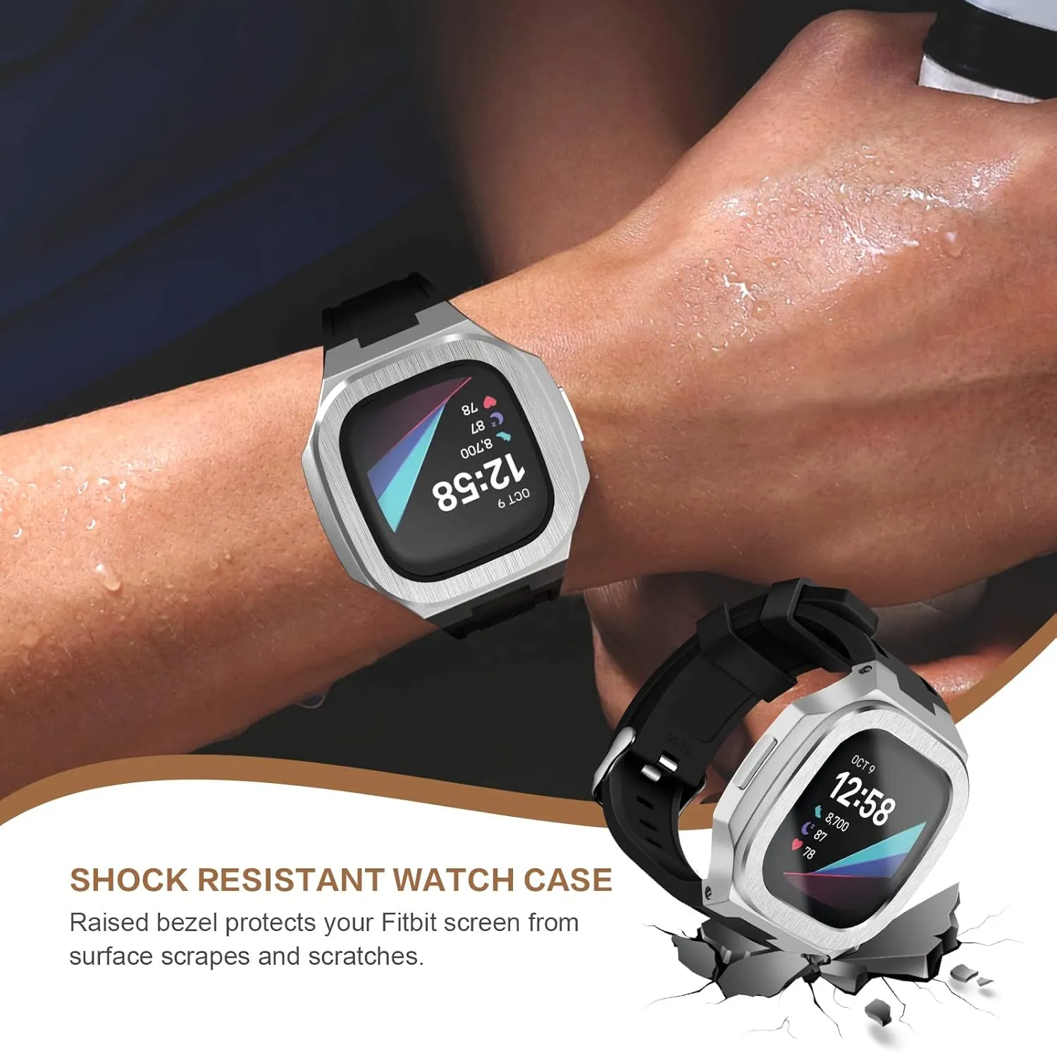 Compatible with Fitbit Versa 3/ Fitbit Sense Bands with Case, Protective Rugged Cover   Glass Screen Protector   Sport Strap for Fitbit Sense/Versa 3 Replacement Wristbands (Silver)