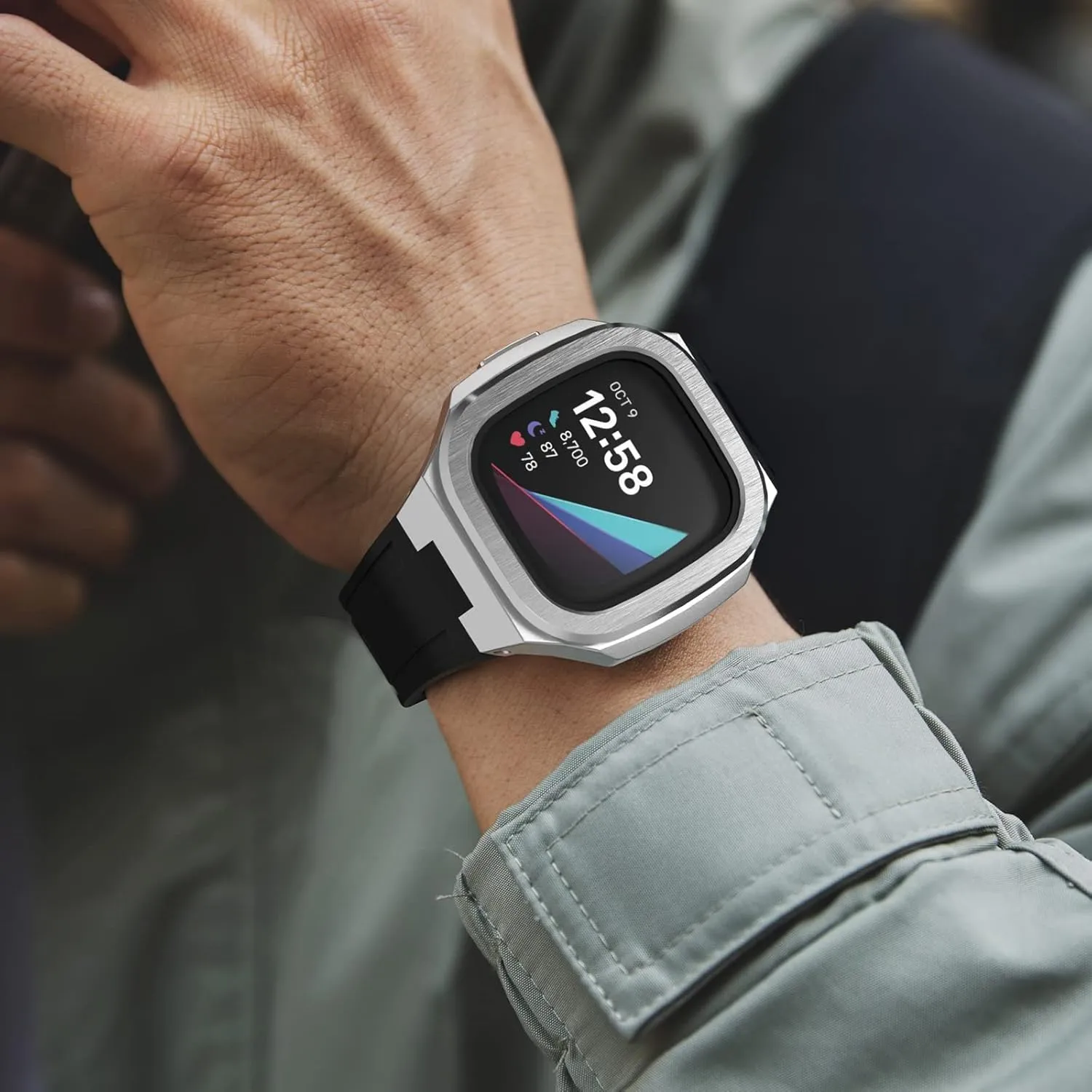 Compatible with Fitbit Versa 3/ Fitbit Sense Bands with Case, Protective Rugged Cover   Glass Screen Protector   Sport Strap for Fitbit Sense/Versa 3 Replacement Wristbands (Silver)