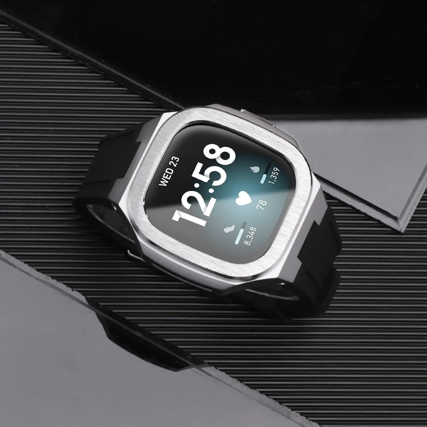 Compatible with Fitbit Versa 3/ Fitbit Sense Bands with Case, Protective Rugged Cover   Glass Screen Protector   Sport Strap for Fitbit Sense/Versa 3 Replacement Wristbands (Silver)