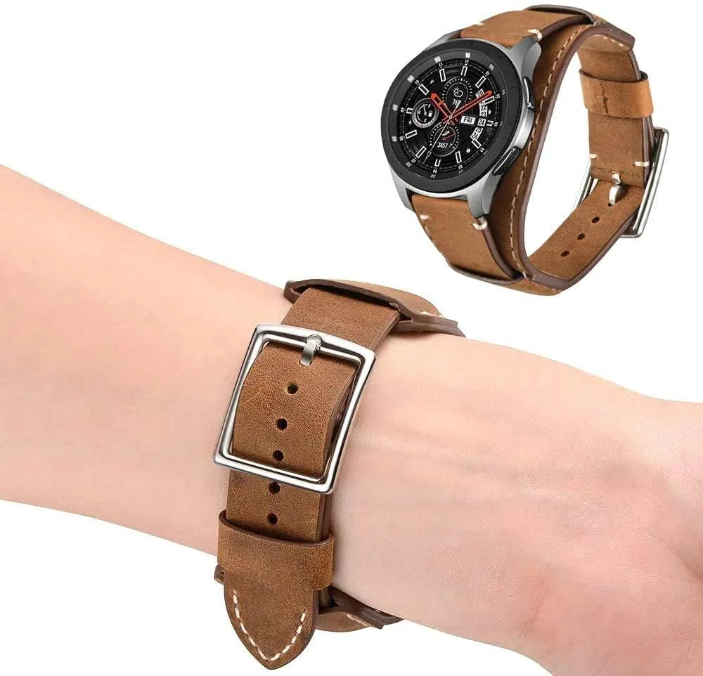 Compatible with Samsung Galaxy Watch 42mm/Active 40mm/Active 2 40mm 44mm/Gear S2 Classic/Gear Sport /Fossil Q Gazer/Ticwatch 2/ Garmin Vivoactive 3 20mm Genuine Leather Cuff Bands/Strap (Brown)