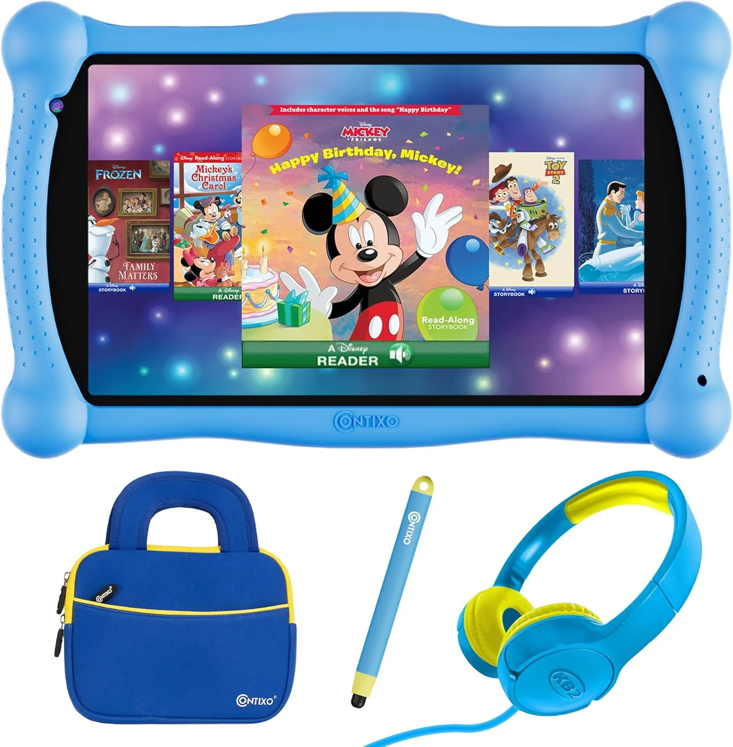 Contixo 7" Disney Kids Learning Tablet Bundle - Headphones, Stylus & Bag, Pre-Installed Disney Storybook (Value $200) & Teacher-Approved Apps, Parental Controls, Ideal for Education - Blue
