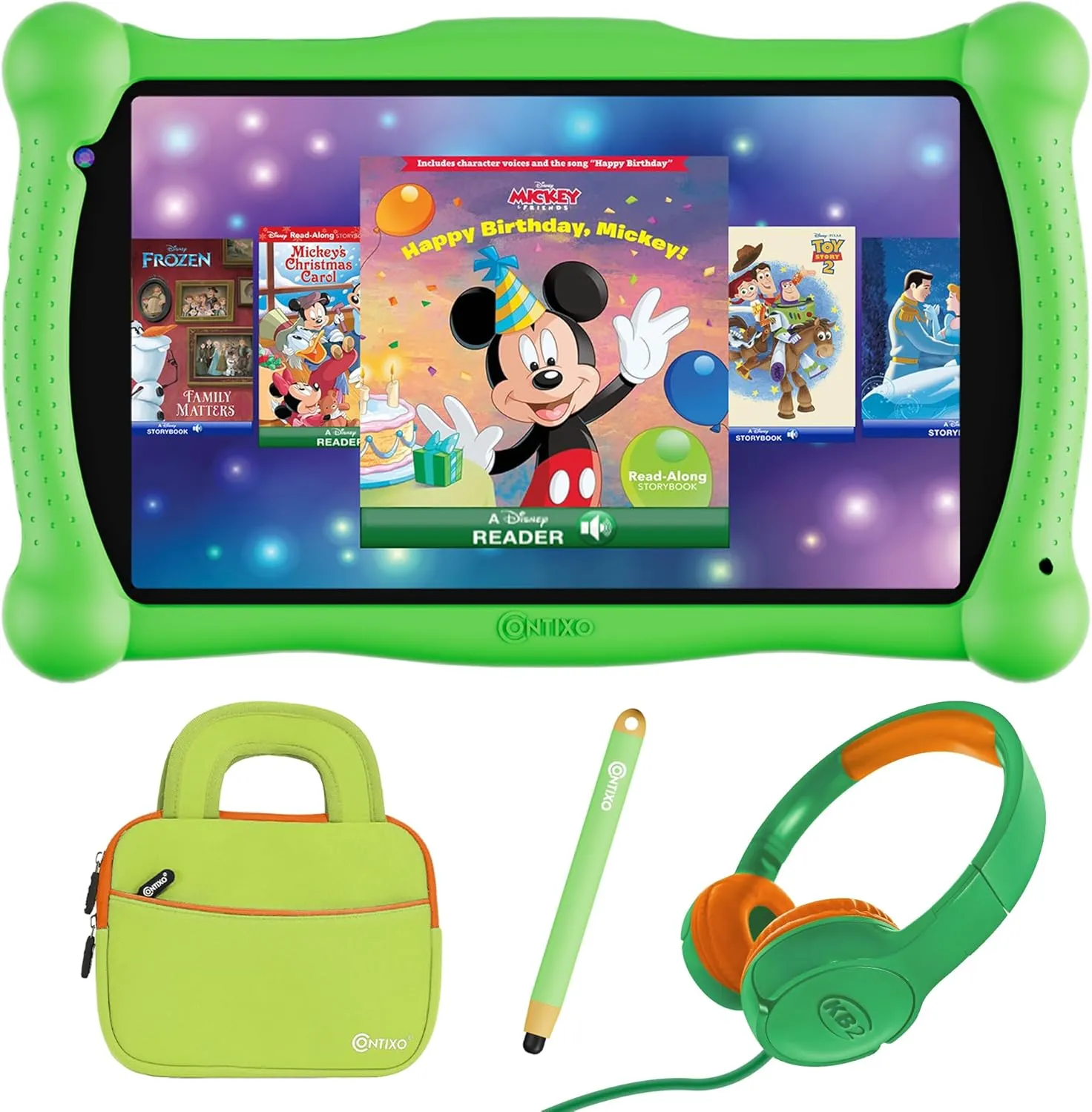 Contixo 7" Disney Kids Learning Tablet Bundle - Headphones, Stylus & Bag, Pre-Installed Disney Storybook (Value $200) & Teacher-Approved Apps, Parental Controls, Ideal for Education - Green